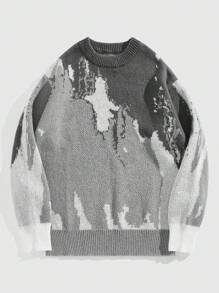 ROMWE MEN Street Life Jersey de cuello redondo de manga larga con detalles estampados, suéter minimalista de uso diario casual para hombres