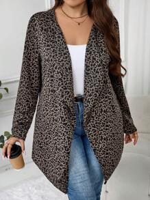 SHEIN LUNE Plus Size Women Leopard Print Long Sleeve Open Front Loose Long Casual Jacket For Autumn/Winter Holiday Outfit Thermal