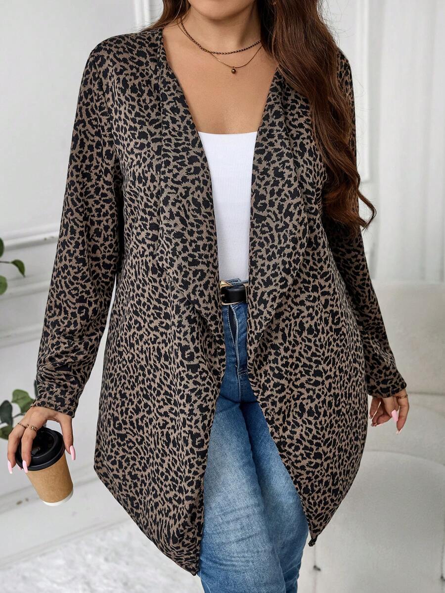 SHEIN LUNE Plus Size Women Leopard Print Long Sleeve Open Front Loose Long Casual Jacket For Autumn/Winter Holiday Outfit Thermal