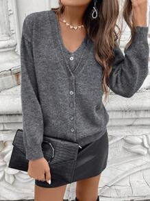 SHEIN LUNE Women Casual Solid Color Basic Cardigan & Tank Top 2Pcs Set, Autumn/Winter Winter Clothes For Women V Neck Sweater Winter Outfits For Women 2 Pieces Sets Ladies,Casual - Dark Grey - View 6