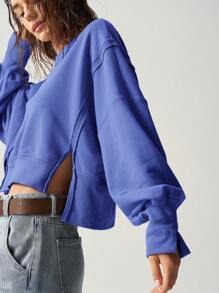 Bohemela 1pc Women Solid Color Side Slit Crew Neck Pullover Sweatshirt, Suitable For Autumn,Long Sleeve Tops - Blue - View 1