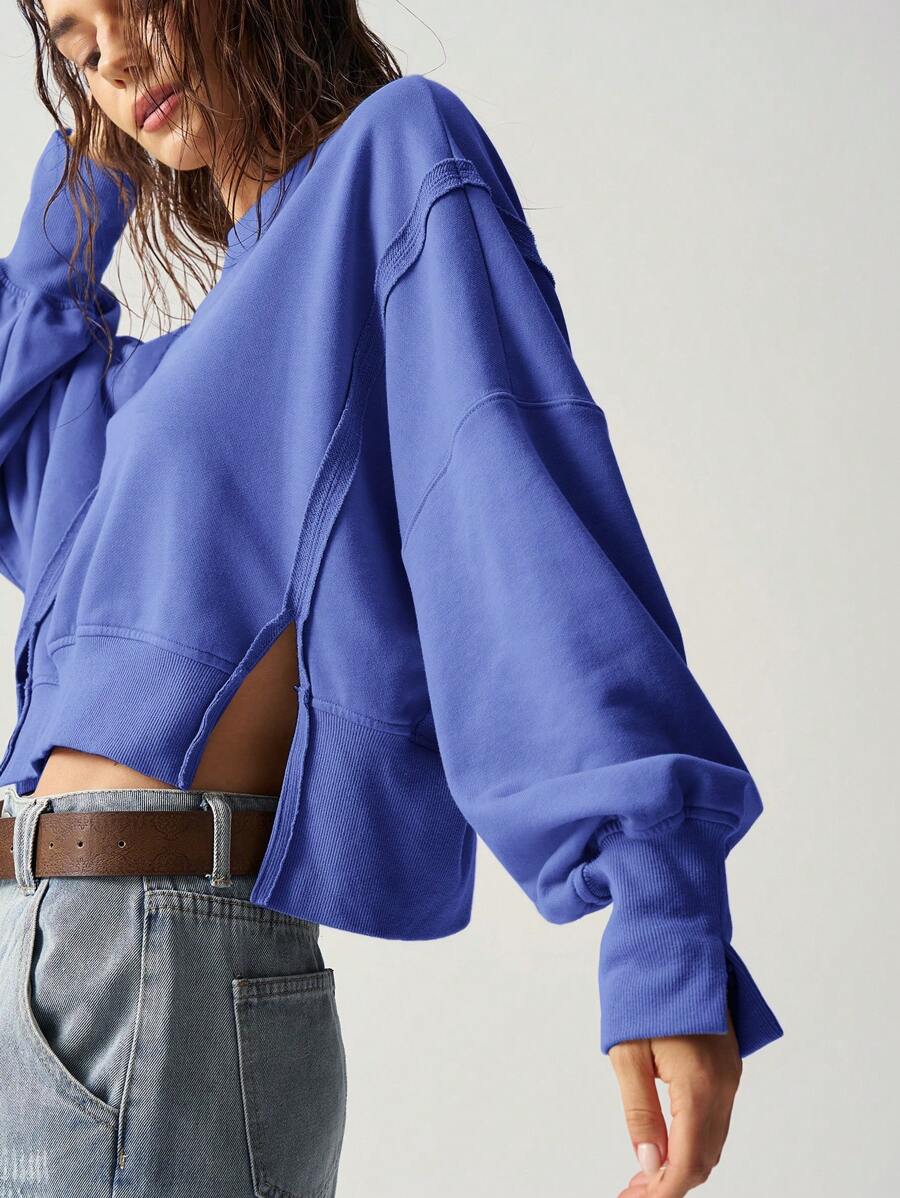 Bohemela 1pc Women Solid Color Side Slit Crew Neck Pullover Sweatshirt, Suitable For Autumn,Long Sleeve Tops - Blue - View 1
