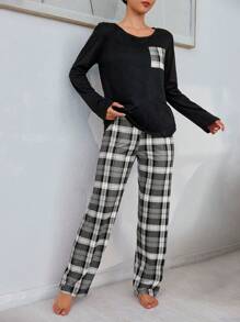 2pcs Women Plaid Print Long Sleeve Sleepwear Pajama Set, Top And Pants, Fall Clothes  Cozy And Elegant Details