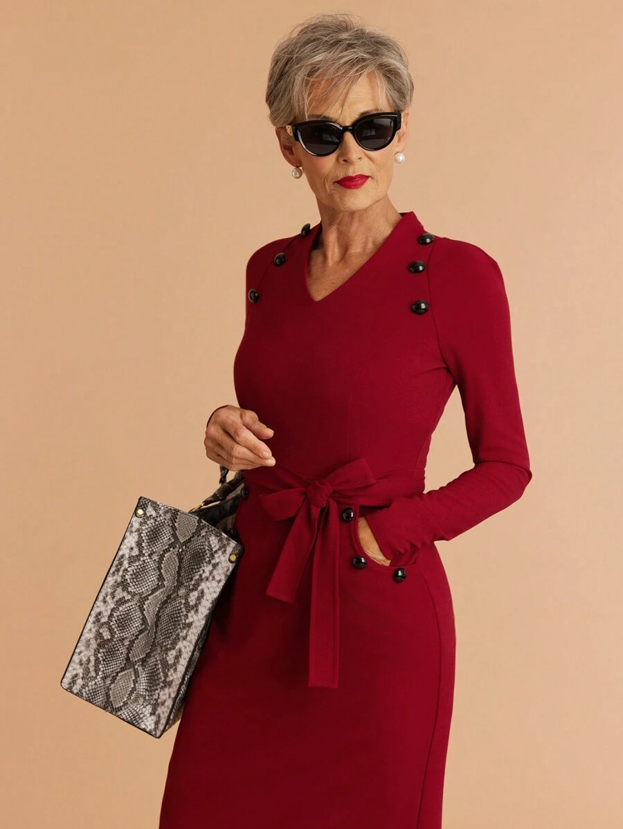 SHEIN LUNE Women Casual Solid Color Button Decor Long Sleeve Pocket Bodycon Mini Dress - Burgundy - View 1