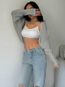 SHEIN Unity Women Plain Minimalist Short Cardigan, Casual Daily Wear,Long Sleeve Tops Fall Winter Cloth For Women - Grey - View 3