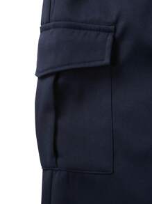 Manfinity Homme Men's Solid Color Drawstring Waist Cargo Pockets Casual Pants With Thermal Lined - Navy Blue - View 3
