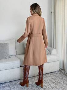 SHEIN LUNE Abrigo cálido de forro polar de unicolor casual para mujer - Caqui - Ver 2