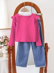 SHEIN Set de 2 piezas para niñas jóvenes con camiseta retro 2 en 1 + pantalones vaqueros de mezclilla con bordado de cerezas - Rosa Fucsia - Ver 2