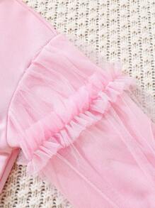 年轻女孩粉色罗纹领长袖网眼荷叶边袖蝴蝶结细节运动衫，可爱甜美舒适，适合秋冬季日常穿着 - 粉色 - 查看 6