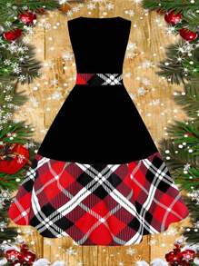 SHEIN Clasi Plus Size Women Plaid Patchwork Crew Neck Sleeveless Elegant Christmas Dress