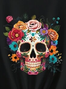 Camiseta de manga corta con estampado de calavera y flores para adolescentes en Halloween - Negro - Ver 6
