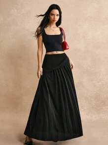 Poéselle Black Asymmetric Elegant Pleated Effortless Chic A-Line Skirt, Elegant And Charming, French Semi Skirt, Cottage Core, Black Elegant Pleated Effortless Chic Essential, FW24, Fall Women's Clothing