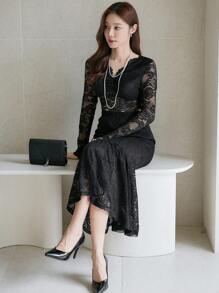 DAZY V-Neck Cropped Lace Blouse And Fish Tail Hem Skirt 2pcs Set For Women,Fall Clothes - Black - View 3