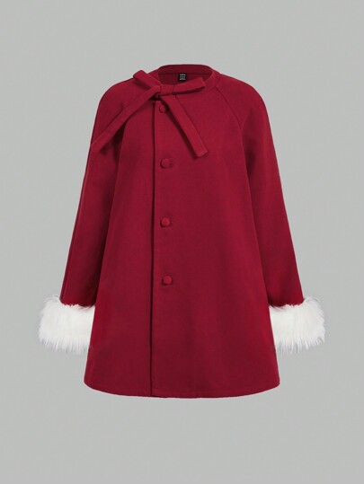 SHEIN MOD Women Winter Fall Casual Button Front Contrast Fuzzy Trim Overcoat, New Year Clothes