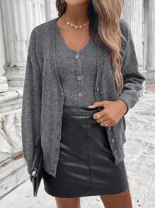 SHEIN LUNE Women Casual Solid Color Basic Cardigan & Tank Top 2Pcs Set, Autumn/Winter Winter Clothes For Women V Neck Sweater Winter Outfits For Women 2 Pieces Sets Ladies,Casual - Dark Grey - View 3