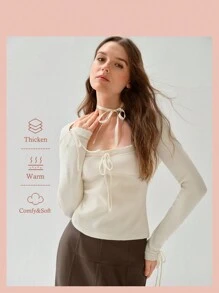 Enchnt 女式纯色长袖方领前系带修身毛衣，秋冬季