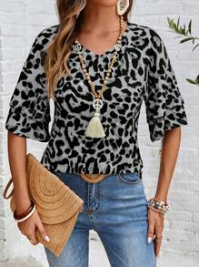 EMERY ROSE Women Leopard Print Layered Ruffle Hem Short Sleeve T-Shirt - Grey - View 3