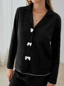 RueChic 2Pcs Cotton Collar And Ribbon Detail Lounge Set - Grey - View 5