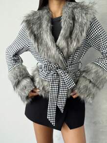 SHEIN Privé 1 pièce Veste femme en patchwork de pied-de-poule moelleuse, pour l'automne et l'hiver