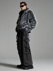 NEON BLANC Men's Loose Drop Shoulder Black And White Fluffy Long Sleeve Jacket