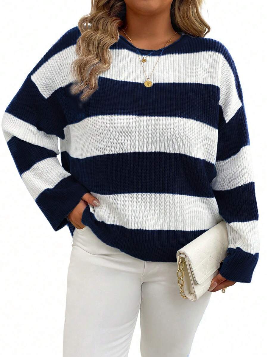 Flirla 大码拼色条纹落肩宽松毛衣，秋冬季休闲款 - 寶藍色 - 查看 1