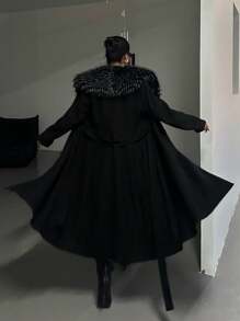 Flirla 大码女式纯色纽扣领大衣，适合冬季 - 黑色 - 查看 2