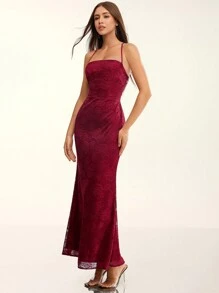 Glamine Rotes rückenfreies Spitzenkleid zum Binden für Damen, figurbetontes Kleid, rotes Kleid mit Satin-Print, sexy Partykleid, rotes langes Kleid, sexy rotes Kleid, sexy Damenkleider, formelles Kleid, Meerjungfrauenkleid - Bordeaux - Übersicht 5