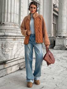 SHEIN LUNE Khaki Women Casual Fluffy Splice Pockets Jacket Basic Outerwear For Autumn/Winter