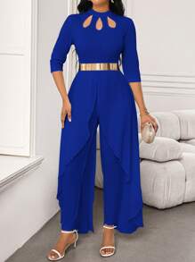 SHEIN Lady Mono elegante de mujer con diseño de corte de pétalos blanco, mangas medias y bajo asimétrico