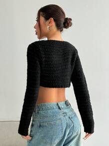 SHEIN Unity Women's Casual Simple Solid Color Button Front Cropped Cardigan, Autumn/Winter Fall Cloth For Women - Black - View 2