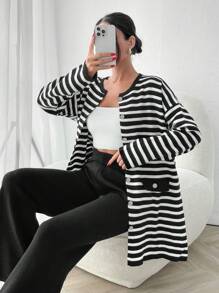 SHEIN Cottnline 2 件套法式条纹翻盖包五金开衫 - 黑色 - 查看 1