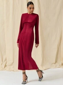 COSMINA Váy dài màu Burgundy Color Block dành cho nữ, Thu/Đông - Màu Đỏ Sâu - Xem 3