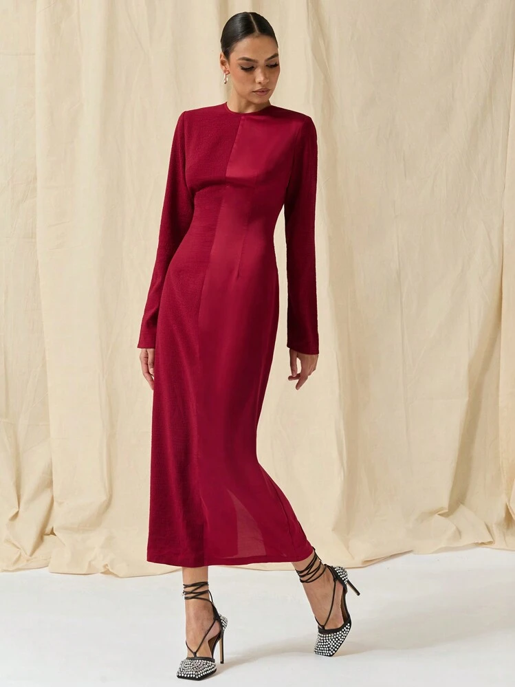 COSMINA Burgundy Color Block Long Dress For Women, Autumn/Winter - Burgundy - View 3