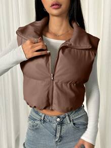 SHEIN EZwear 女士休闲加垫背心，冬季 - 巧克力棕 - 查看 6