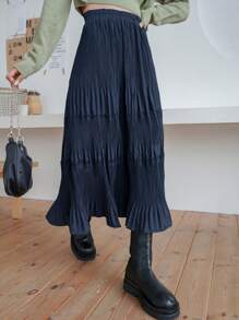 DAZY Chân váy xếp ly chữ A màu trơn, cạp chun, dành cho nữ, kiểu dáng bồng bềnh mùa thu. - Xanh đậm - Xem 5