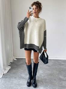 SHEIN Unity Sweater Pullover Longgar Lengan Kelelawar Motif Garis Kasual Wanita, Atasan Lengan Panjang, Pullover Rajut Musim Gugur Musim Dingin - MultiWarna - View 4