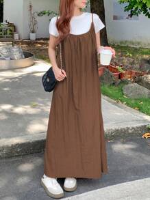 DAZY 女士简约系带休闲连衣裙，适合户外旅行 - 駝色 - 查看 6