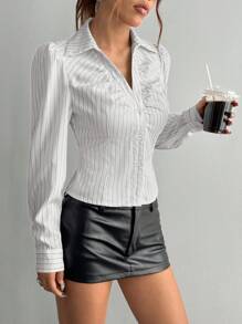 Flirla Women's Striped Black And White V-Neck Fitted Shirt