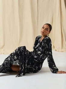 COSMINA Autumn/Winter Women All-Over Print V-Neck Long Sleeve Long Dress