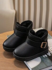 舒适皮革顶部百搭透气女童雪地靴，学校/校园风格，适合圣诞节儿童 - 黑色 - 查看 1