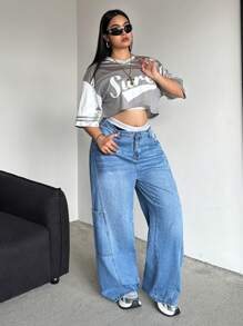 SHEIN EZwear 大码休闲风格直筒蓝色牛仔裤 - 藍色 - 查看 3
