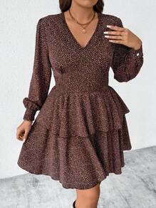 SHEIN Unity Đầm thường ngày họa tiết chấm bi cỡ lớn, viền bèo nhún, phù hợp cho mùa thu - màu nâu - Xem 6