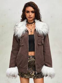 ROMWE Grunge Punk 1 pieza Abrigo con cuello desmontable de peluche de color contrastante con forro de pana, estilo distópico para mujer