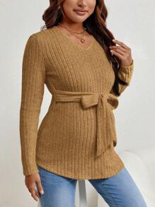 SHEIN Áo thun cổ chữ V tay dài trơn đơn giản cho bà bầu có gân thắt lưng - Màu vàng - Xem 3