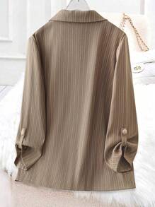 SHEIN Clasi Áo khoác vest nữ cổ phẳng kẻ sọc tay viền vest đi làm thường ngày, mùa thu - Cà phê nâu - Xem 2
