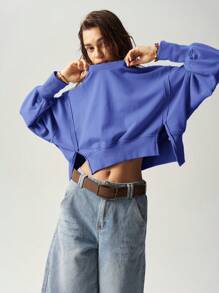 Bohemela 1pc Women Solid Color Side Slit Crew Neck Pullover Sweatshirt, Suitable For Autumn,Long Sleeve Tops - Blue - View 7