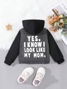 Veste à capuche tricotée style patchwork décontractée, jean délavé déchiré avec impression de slogan décontractée pour jeunes filles - Noir - Voir 1