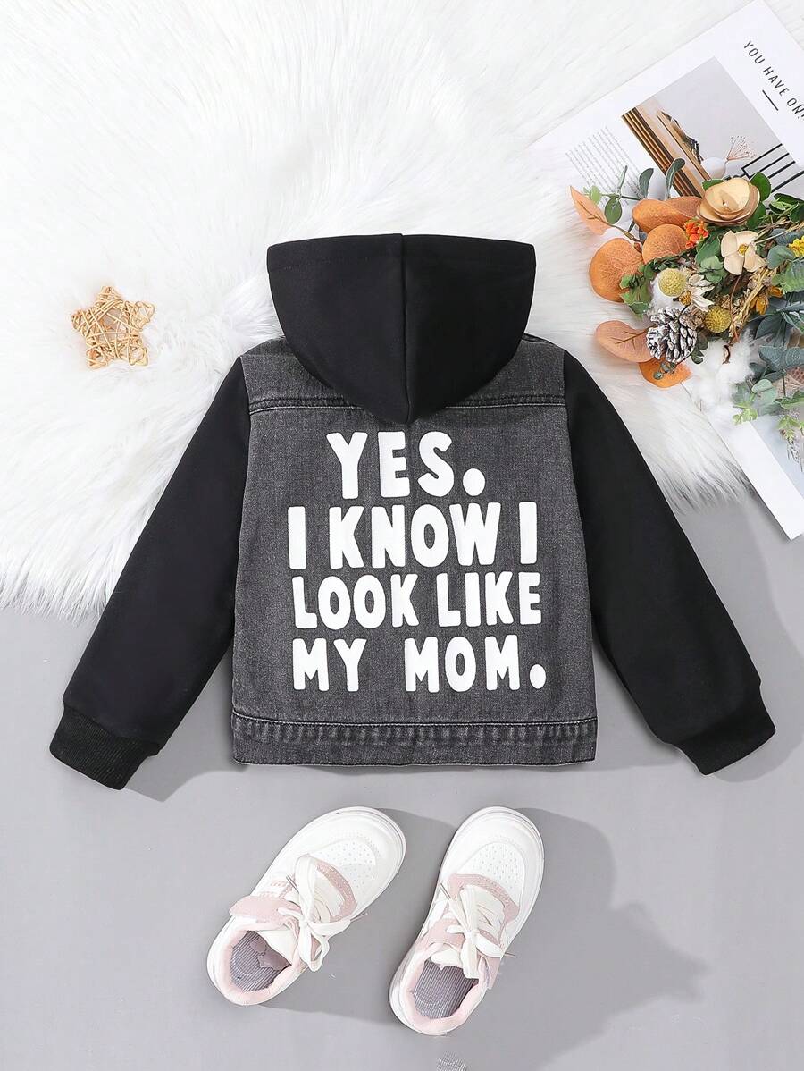 Veste à capuche tricotée style patchwork décontractée, jean délavé déchiré avec impression de slogan décontractée pour jeunes filles - Noir - Voir 1