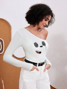 We Bare Bears X SHEIN Women Casual Embroidered Cartoon Pattern Asymmetrical Neck Slim Fit Fluffy Knit Top - Apricot - View 6
