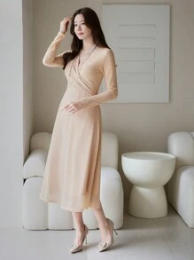 DAZY Abito lungo casual da donna a maniche lunghe con scollo a V, colore unito, abito autunnale - Albicocca - Visualizzare 7